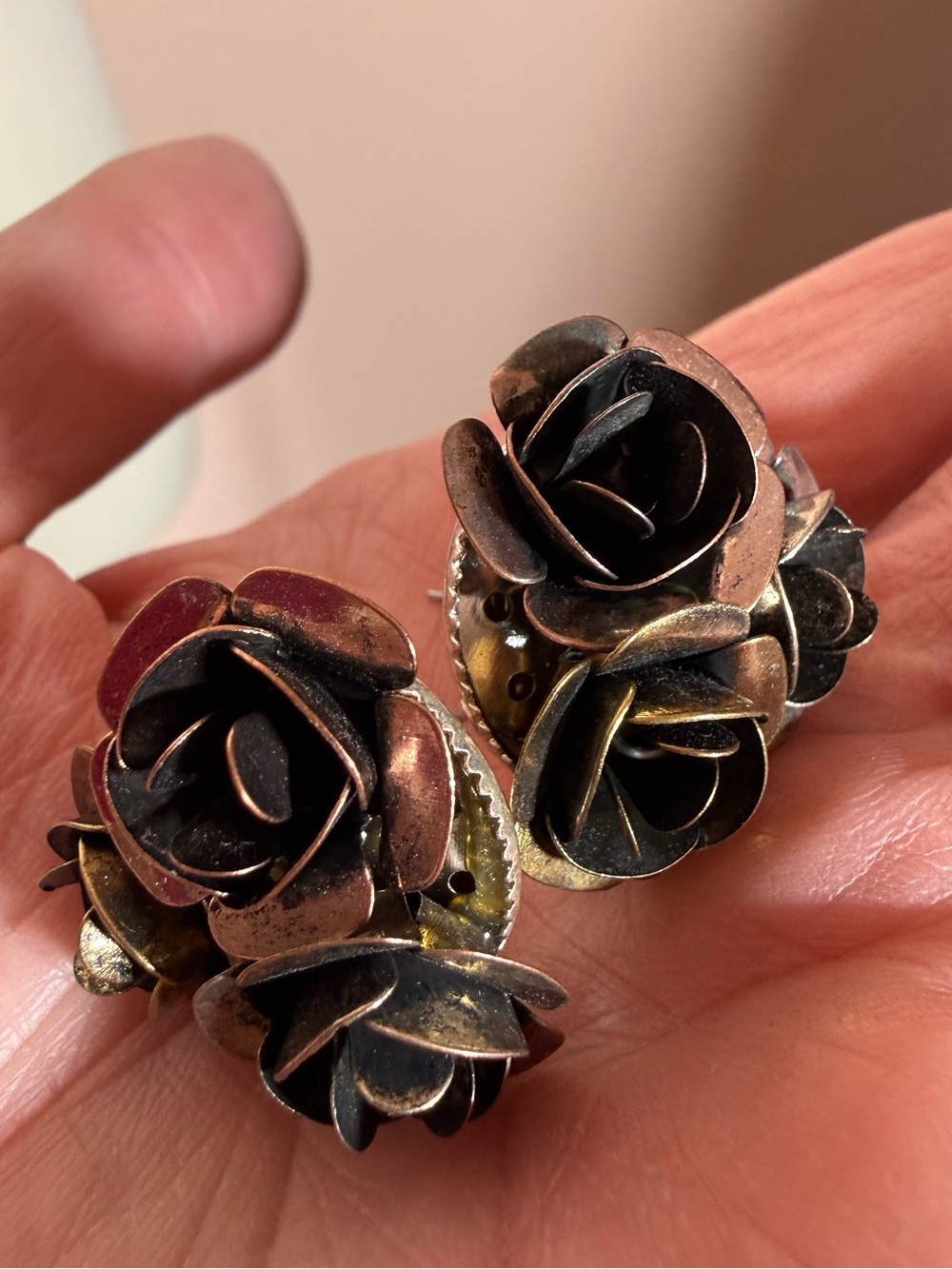 Vintage Rose flower cluster copper mixed Metal boho earrings southwestern